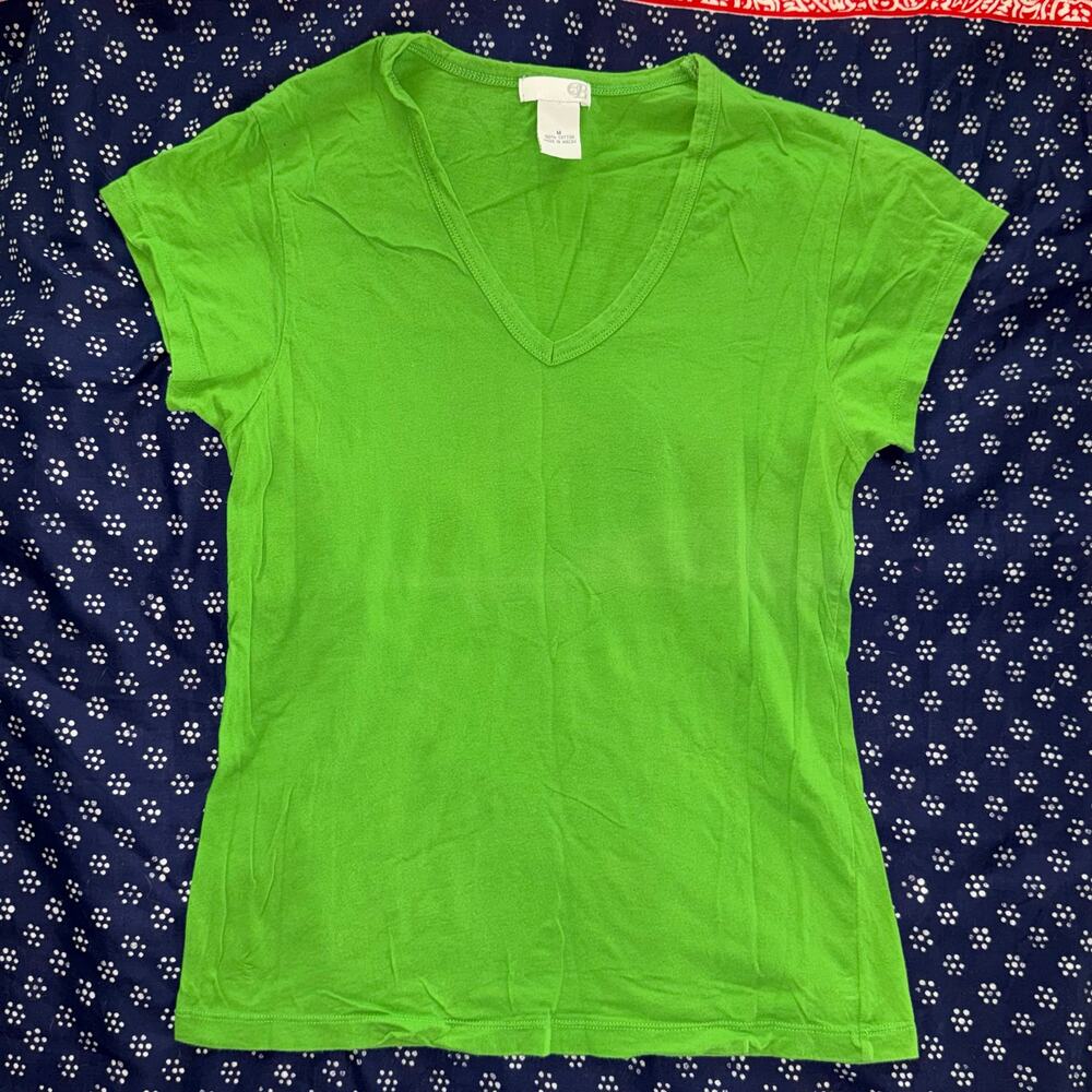 Belk Women's M Bright Green All Cotton Cap Sleeve V-Neck T-Shirt